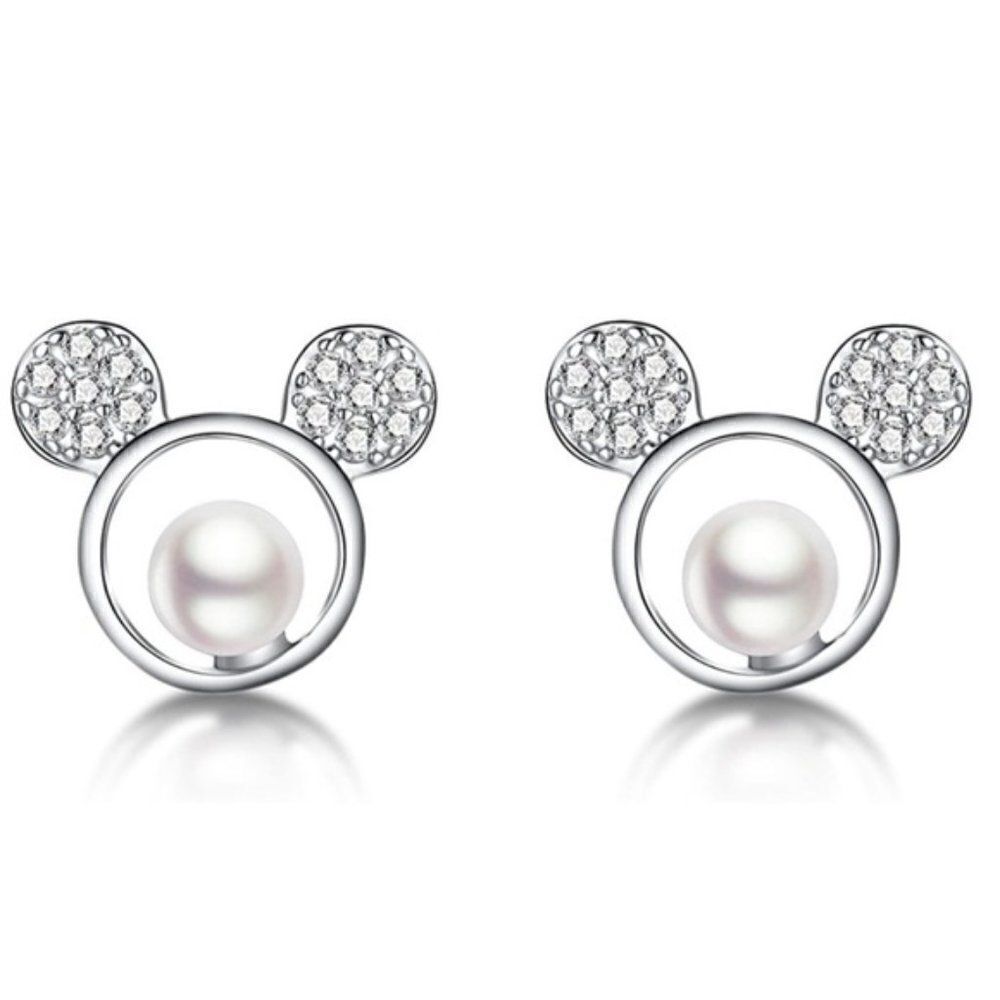 .925 Sterling Silver with White Pearl and Cubic Zirconia Mickey Mouse Earrings